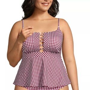 LAND'S END Burgundy Gingham Wireless Tankini Top | Plus Size 22W (2X)